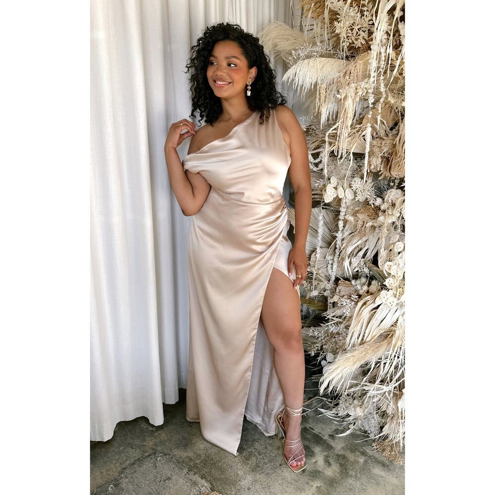 Show Me Your Mumu Jodie Dress in Champagne Luxe Satin S